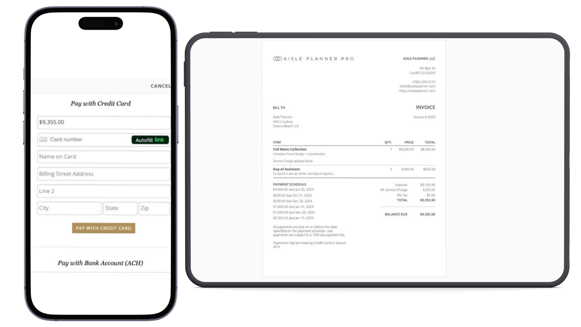 A mobile smartphone and tablet display the Aisle Planner Pro online payment system, featuring a professional digital invoice and a secure checkout screen for credit card or ACH bank transfers to simplify wedding business billing.