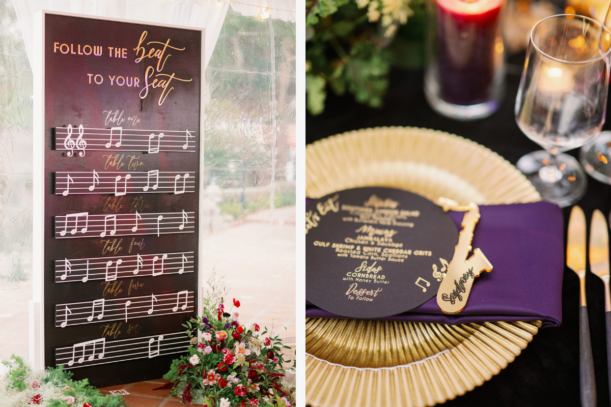 Music sheet escort wall and instrument place cards