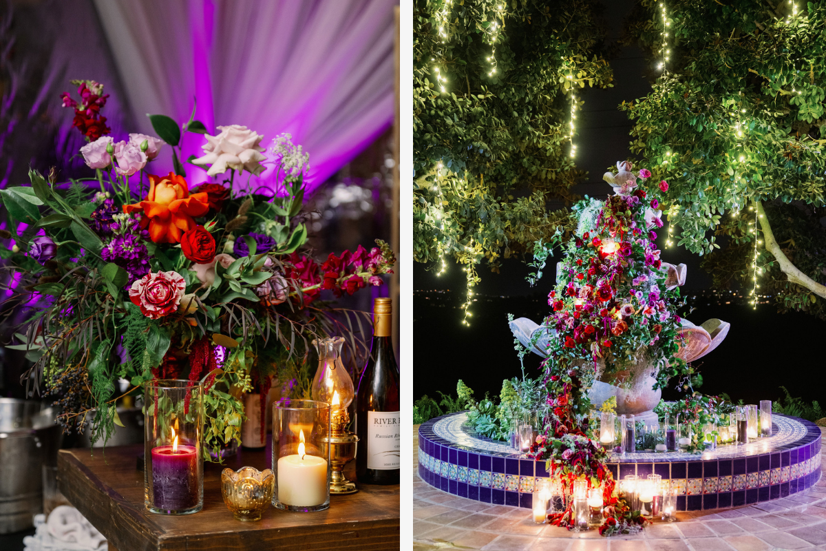 Amazing purple and pink florals on a table and on a fountain