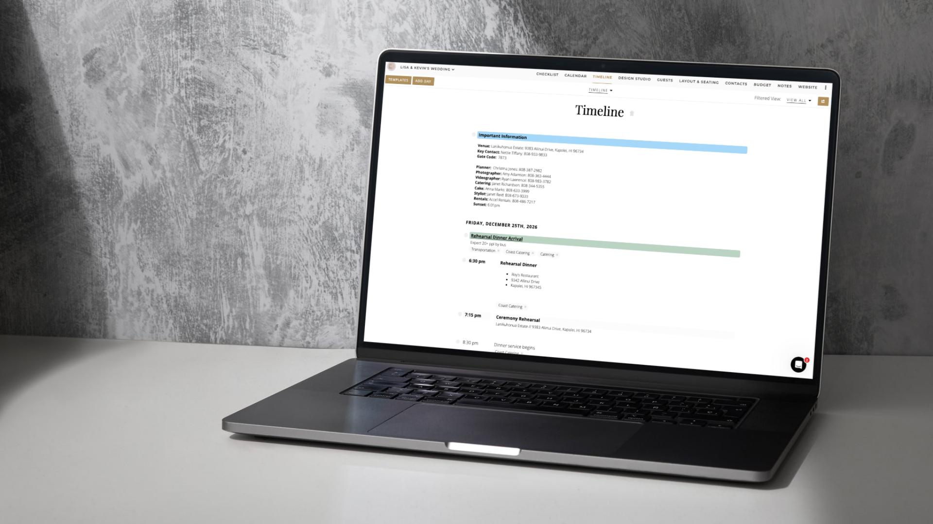 A laptop on a desk displays the Aisle Planner Pro timeline and itinerary builder, showcasing a detailed event schedule and vendor contact list for professional wedding coordination.