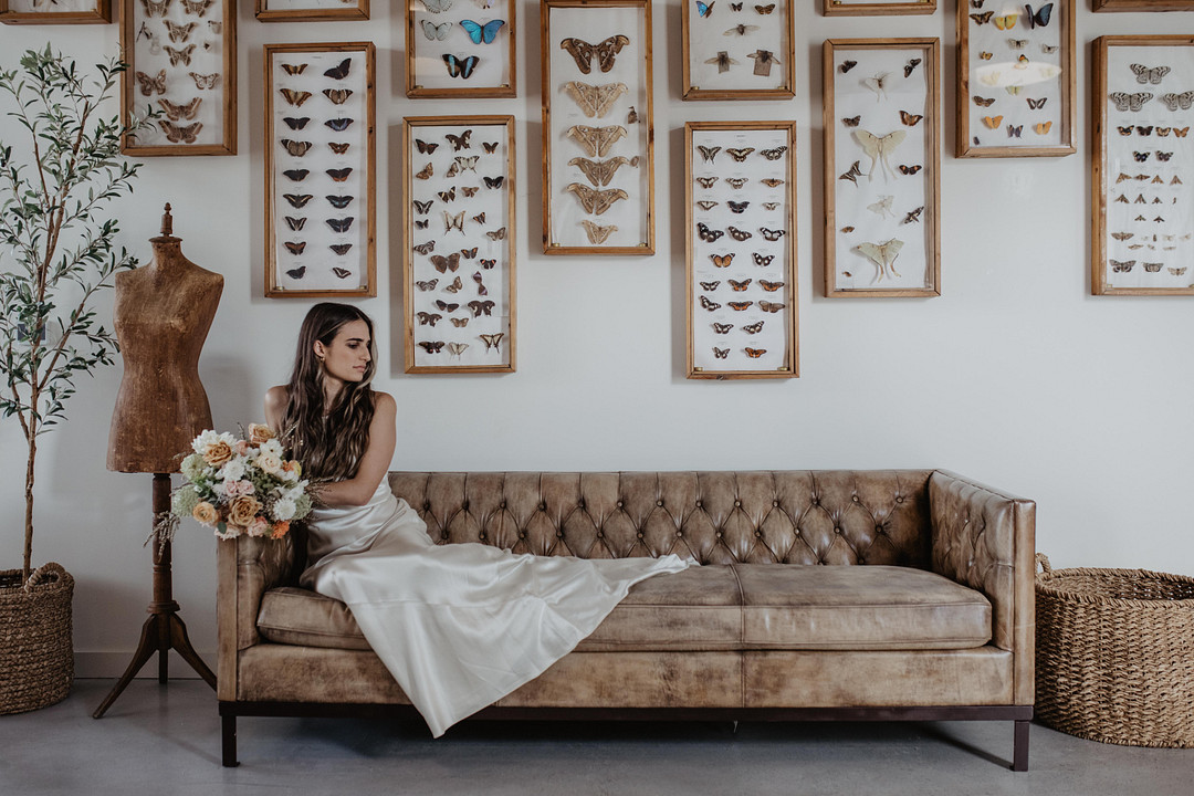 Bride sitting on a vintage couch with butterfly frames behind her