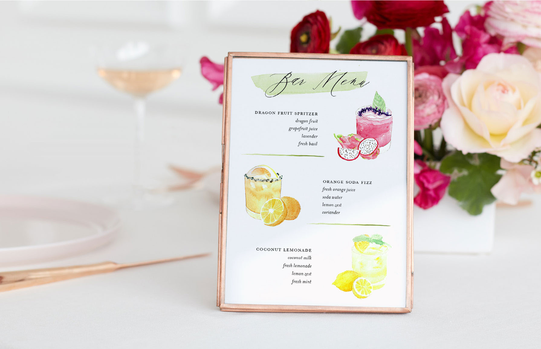 A pink drink menu card with pictures of the drinks