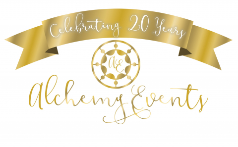 Alchemy Events logo in gold with white background and Celebrating 20 years ribbon