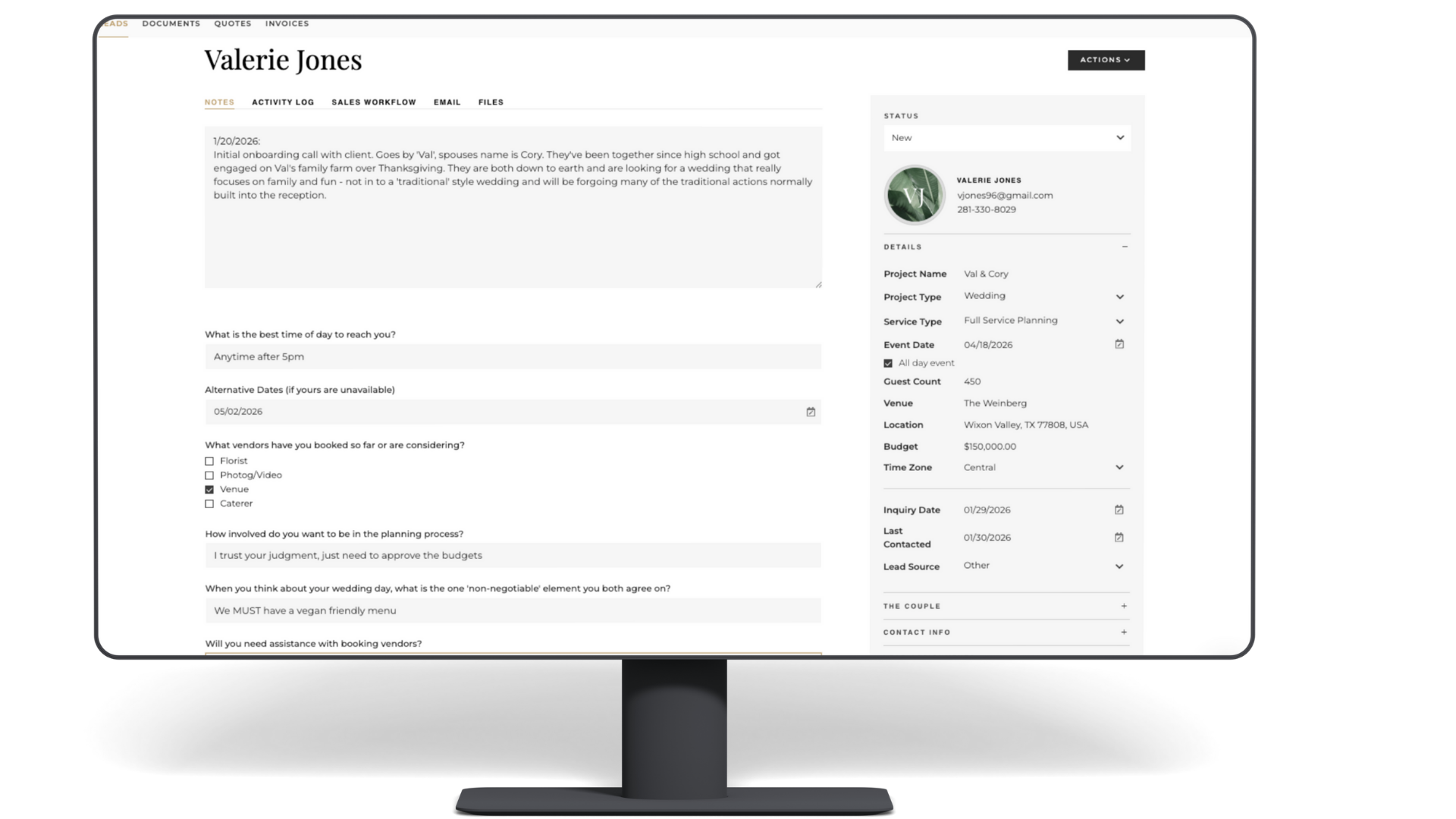 A desktop monitor displays the Aisle Planner Pro CRM and lead management dashboard, featuring a detailed client inquiry profile with wedding budget, guest count, and planning notes to streamline the sales workflow for event professionals.