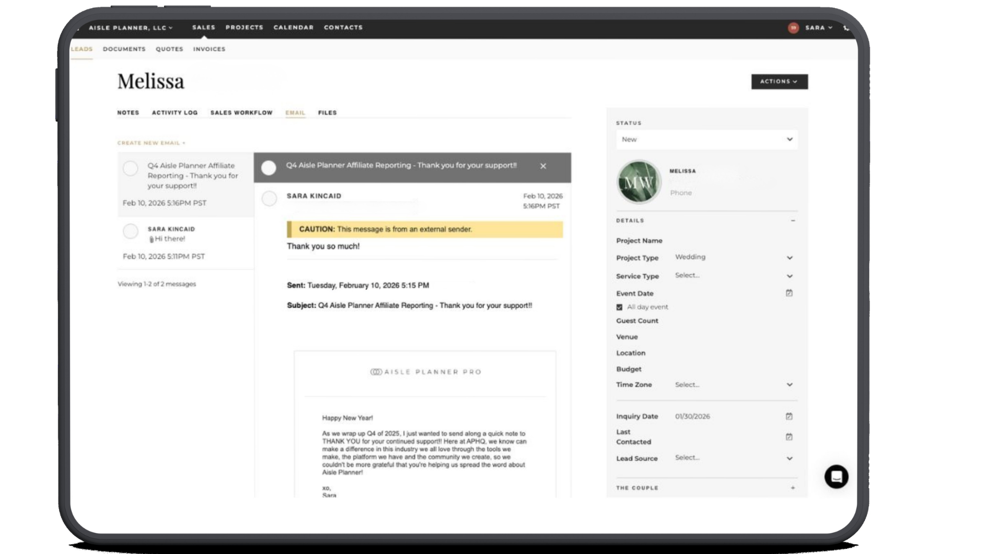 A tablet displays the Aisle Planner Pro lead management and email integration tools, showing a professional event planning dashboard with organized client communication and affiliate reporting features for event businesses.