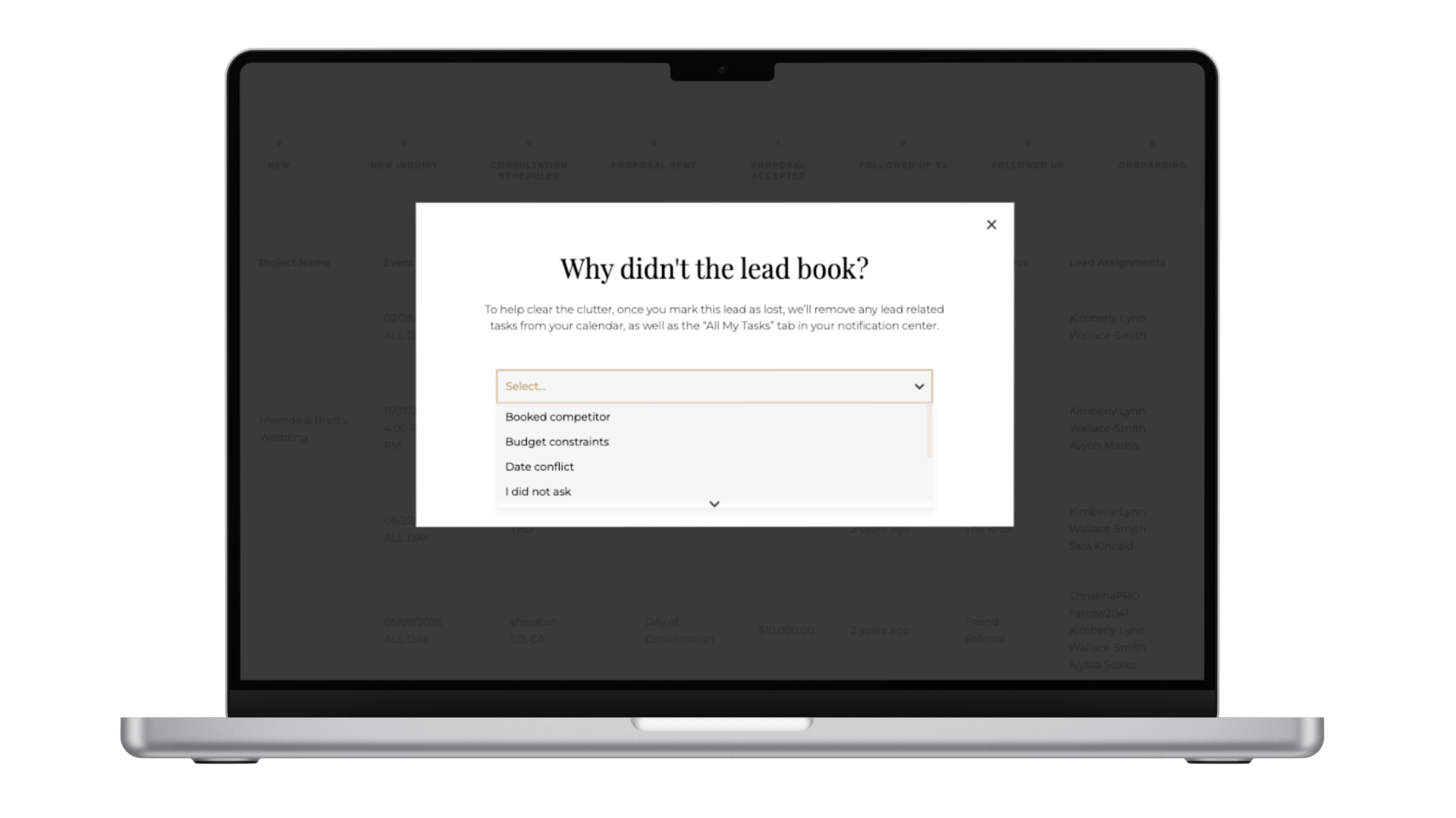 A laptop displays an Aisle Planner Pro sales analytics window featuring a "Why didn't the lead book?" prompt to help event professionals track lost business and optimize their lead conversion strategies.