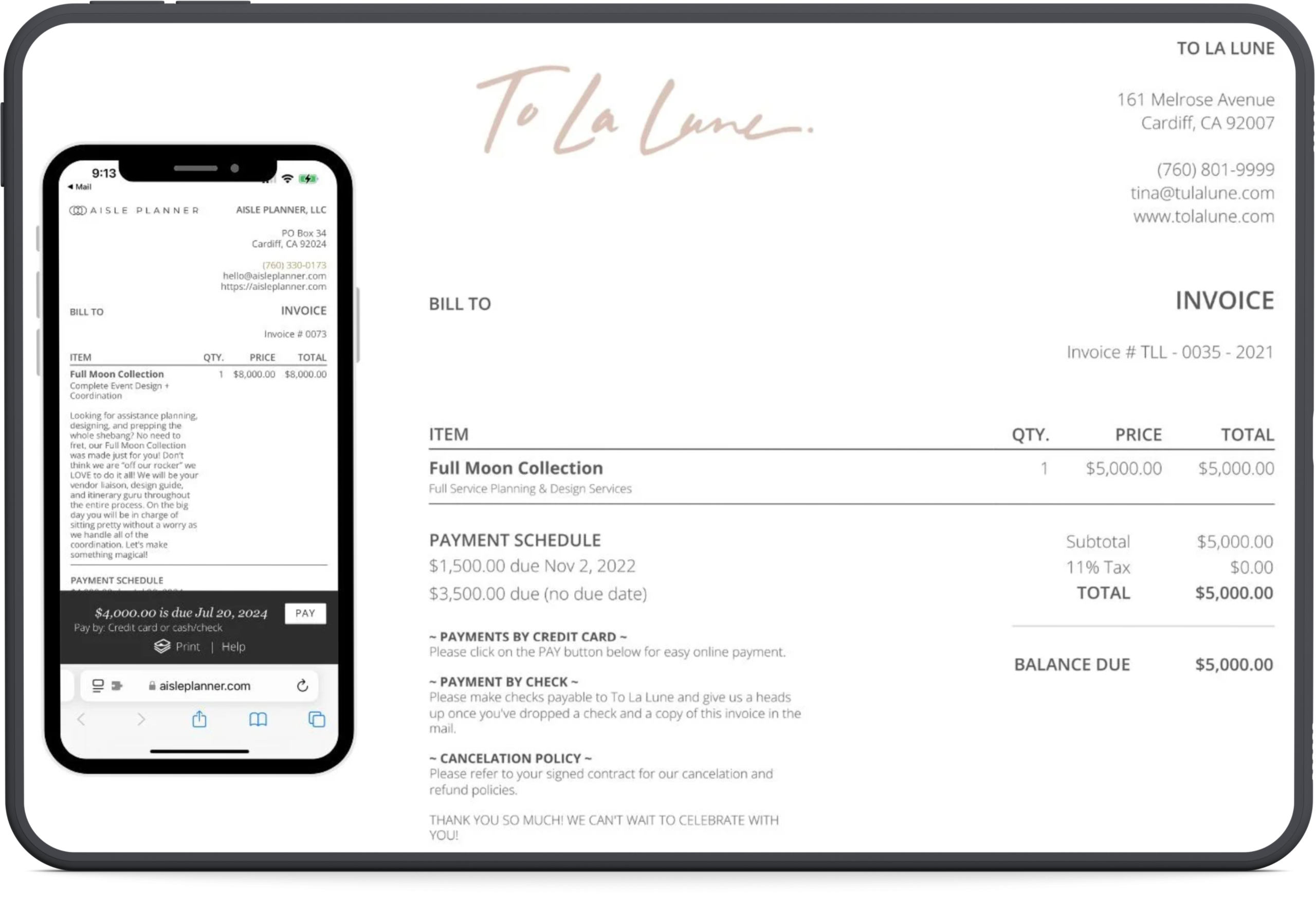 
Gemini said
A professional monitor displays a comprehensive Aisle Planner Pro wedding invoice and mobile payment interface, featuring a detailed itemized breakdown and "Pay with Credit Card" options to streamline client billing and financial management for event professionals.