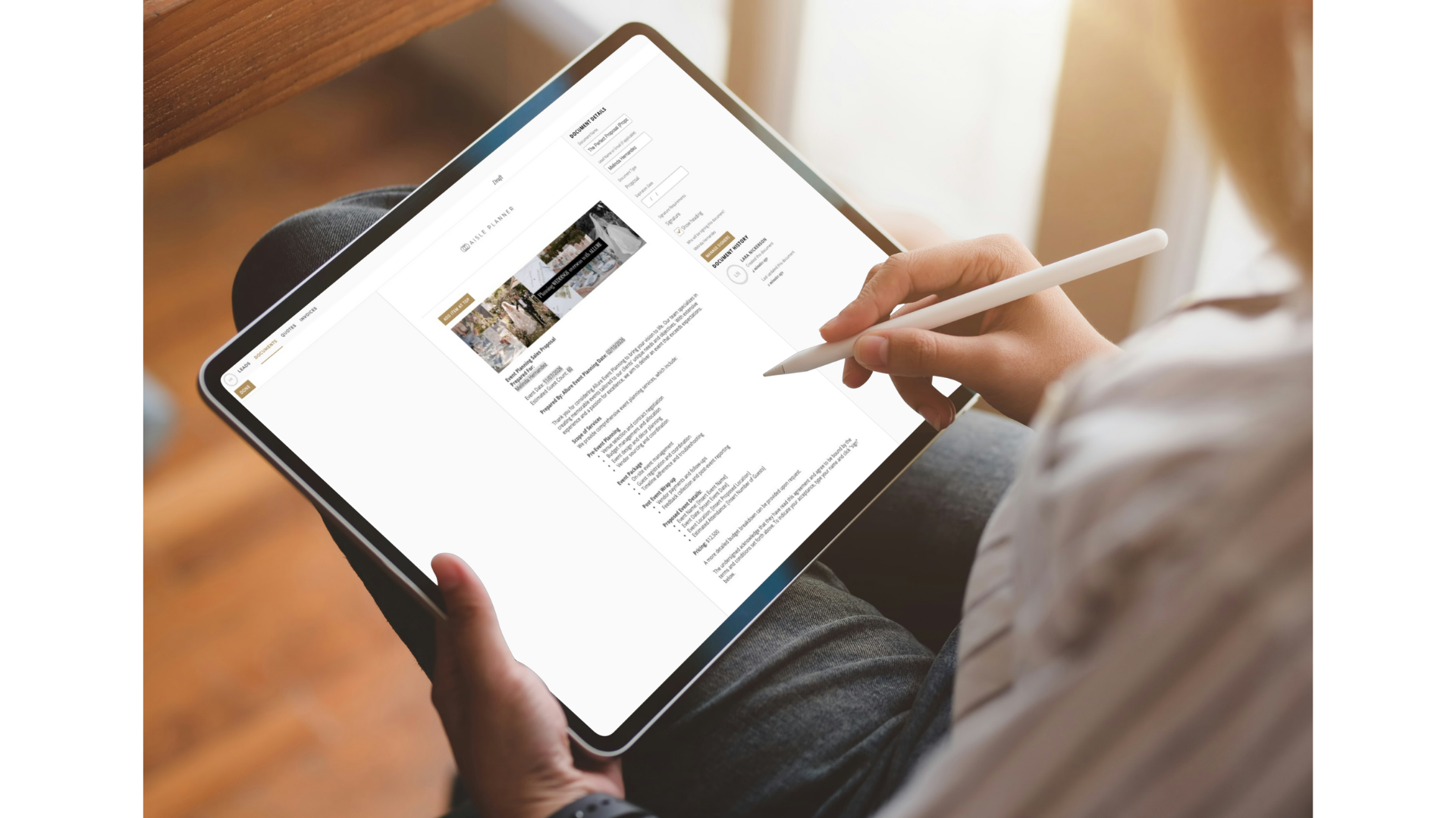 A sleek, branded Aisle Planner Smart Proposal in mid-edit, featuring custom hero imagery, integrated color palettes, and a flexible layout that showcases a personalized event vision for a prospective client.