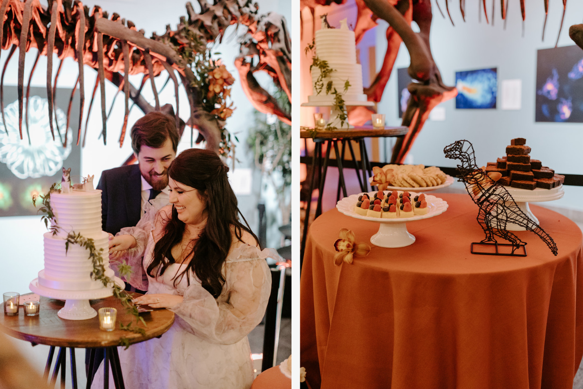 Couple cutting wedding cake and dessert table