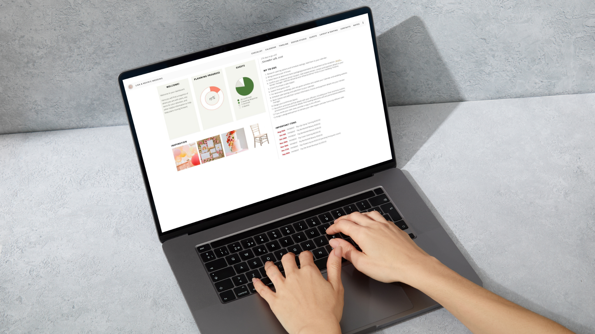 Event Pro on laptop organizing the checklist and client portal.