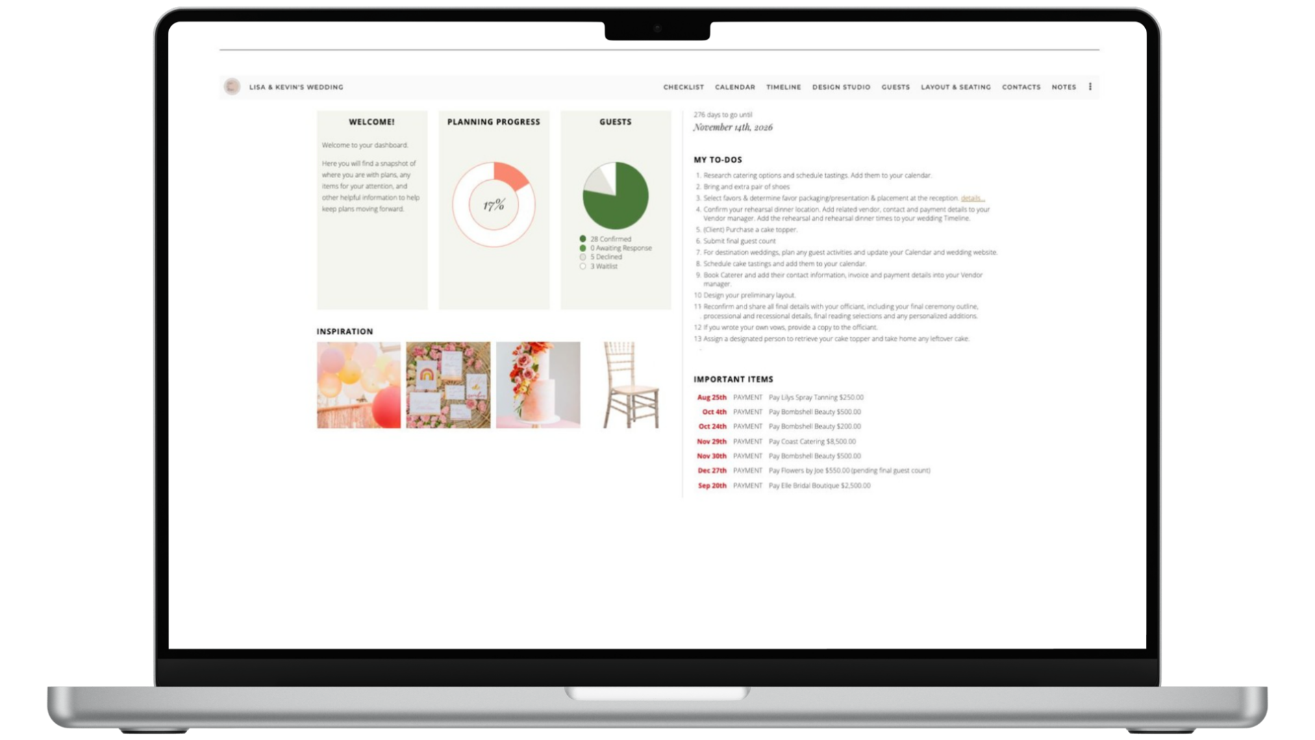 Laptop screen of the Aisle Planner Client Portal overview screen.