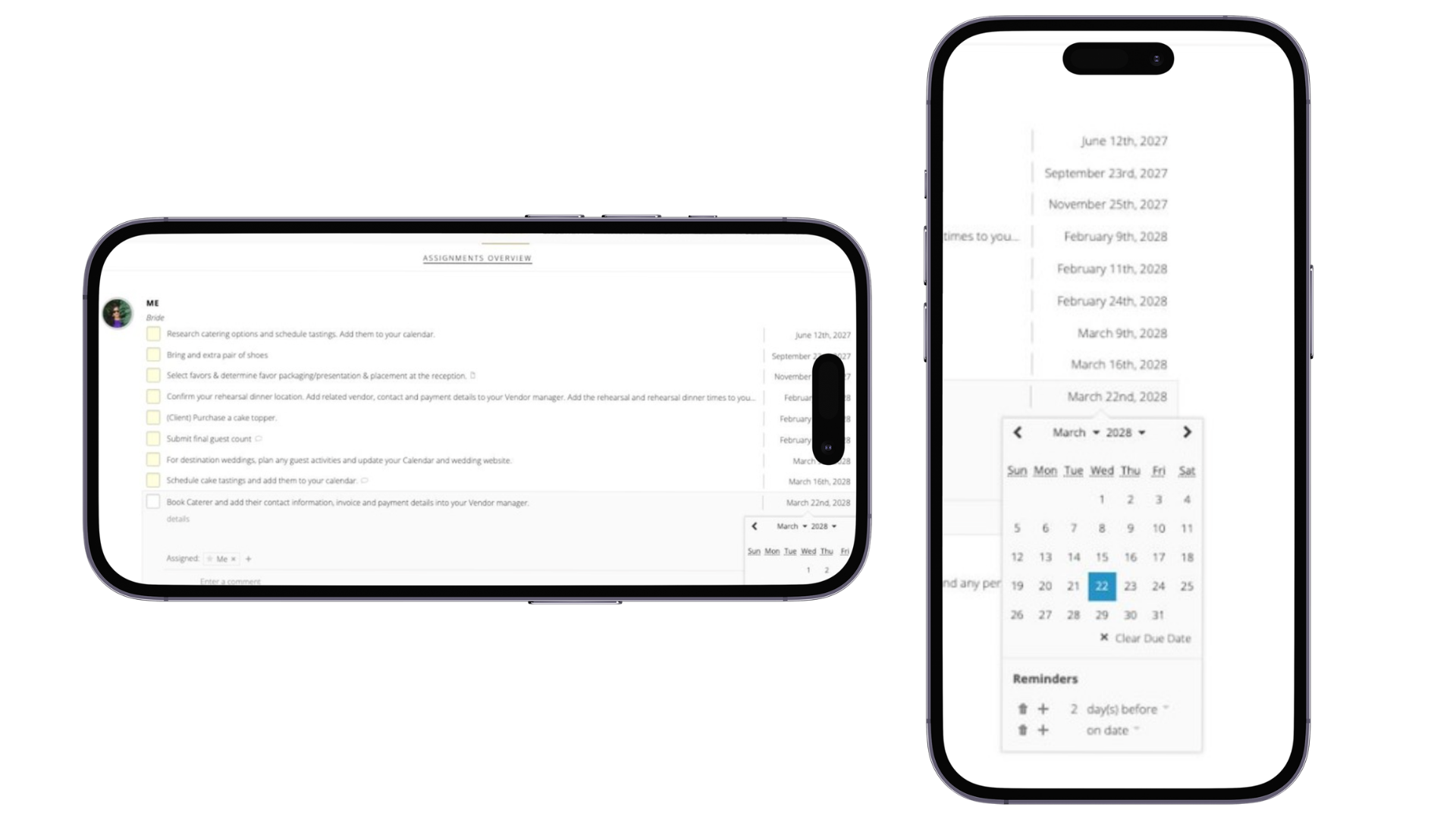 Phone image of the client portal check list and calendar view