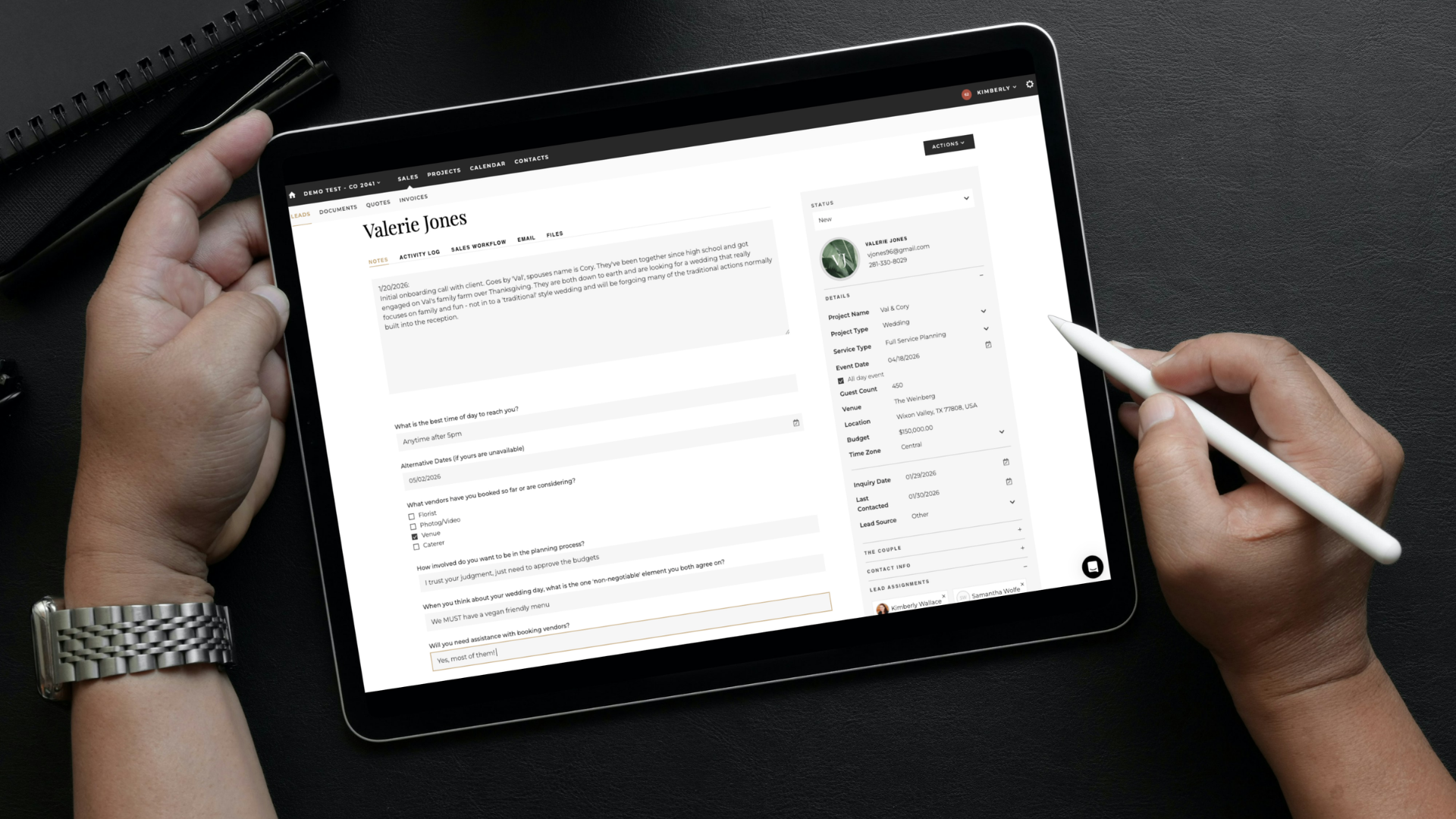 A detailed view of an individual lead record in Aisle Planner Pro, showing a unified workspace with client contact information, a chronological activity log of communications, and a dedicated section for internal team notes.