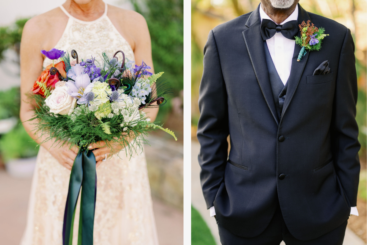 Close ups of Kim and John's wedding day style