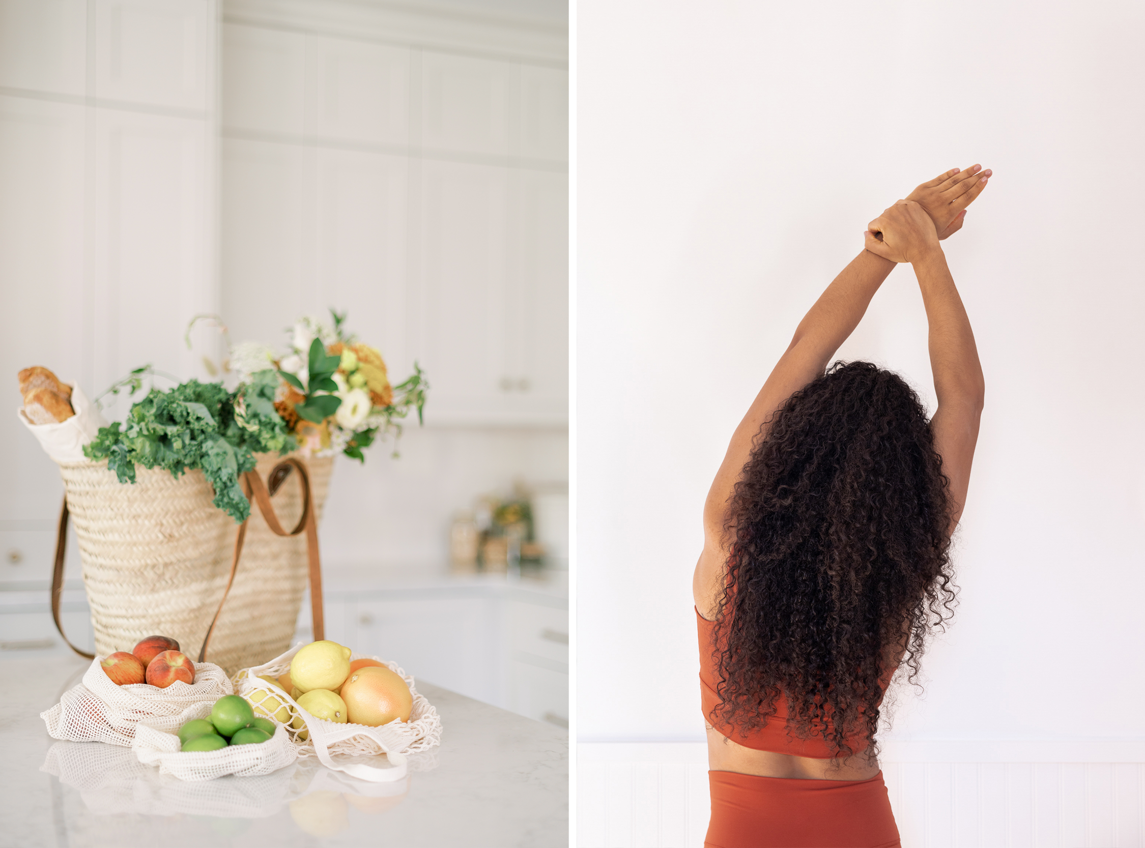 healthy food and person stretching