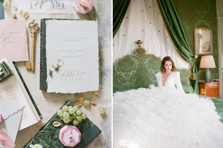 green and white Old World style invitation suite (left), bride with cascading gown in Old world style mansion inspired venue (right)
