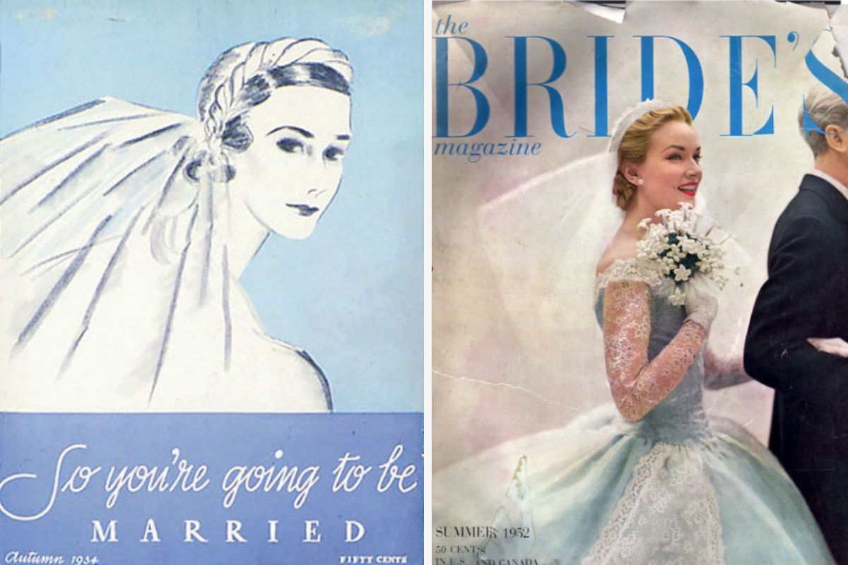 first magazine covers of bride magazines featuring two brides holding bouquets