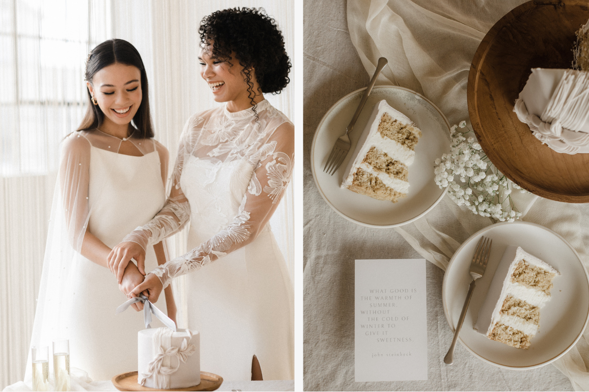 Brides cutting white cake and cake slices on plates