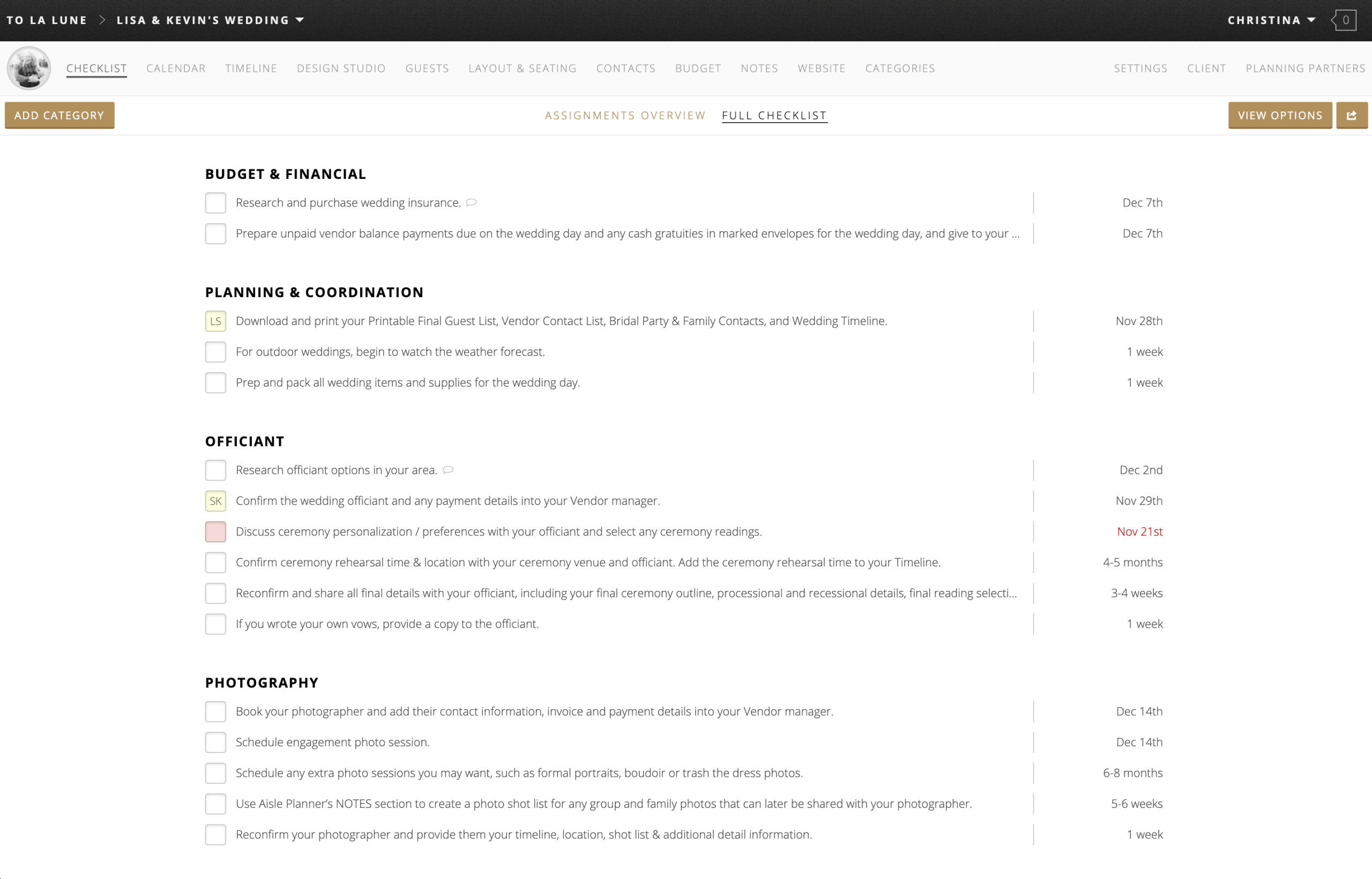 Aisle Planner Checklist
