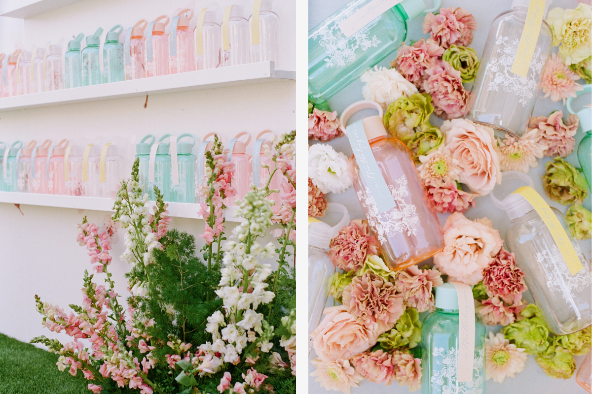 Colorful water bottles and flowers