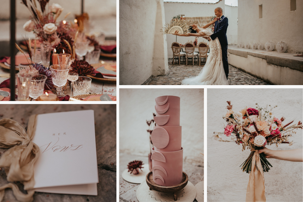 Romantic collage of couple, flowers, tablescape, cake