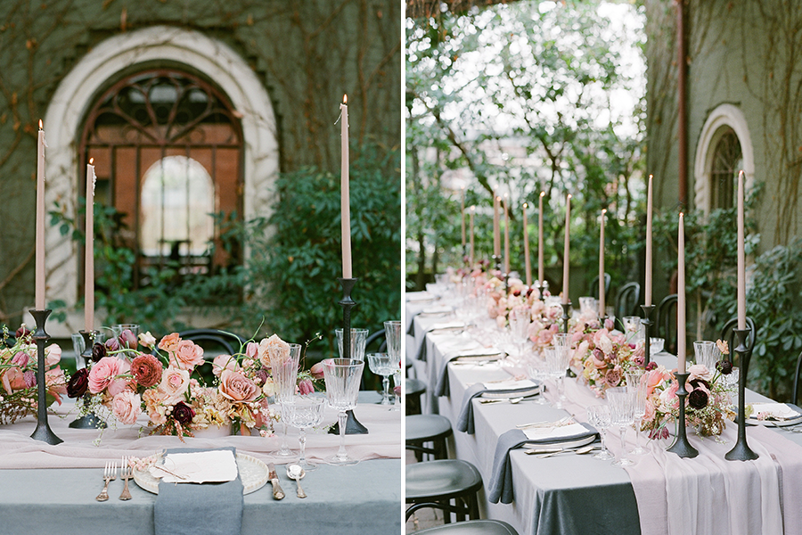romantic fall decor centerpiece (left), full romantic fall decor table scape (right)