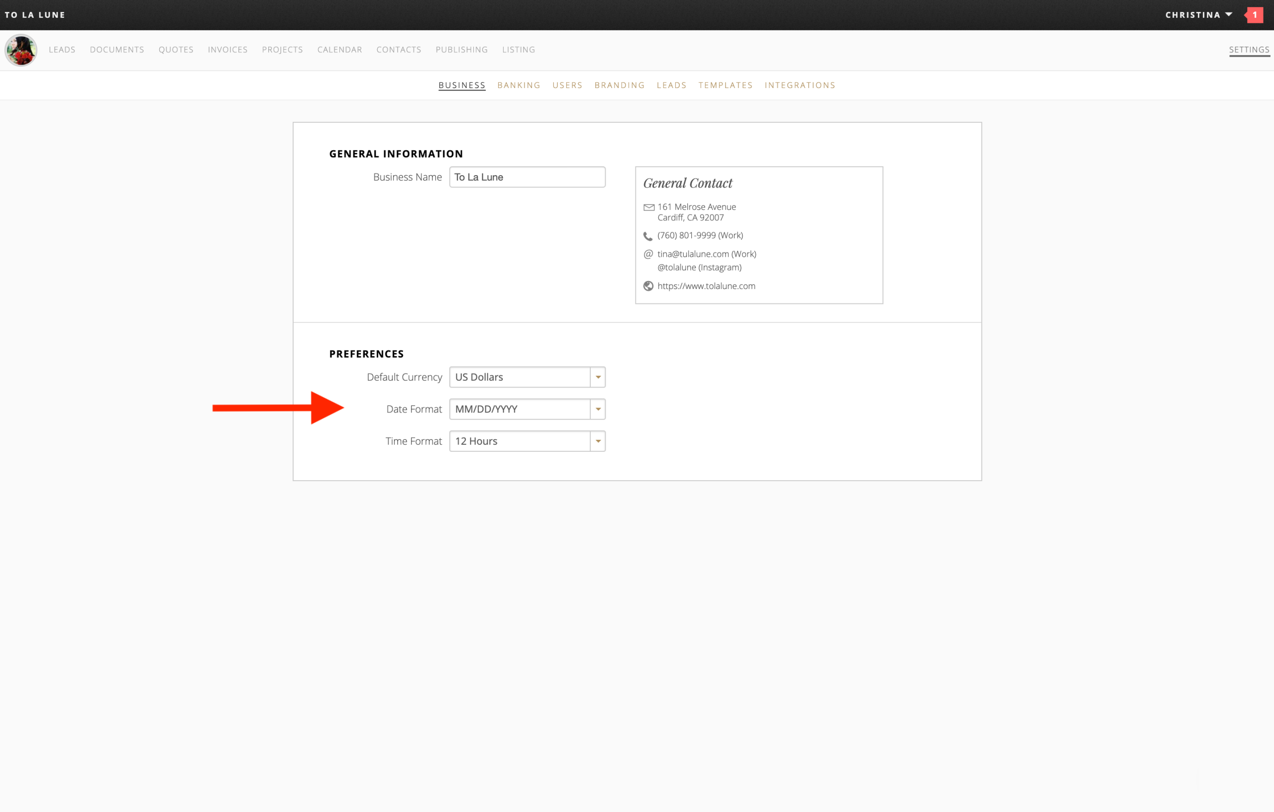 Date change for business