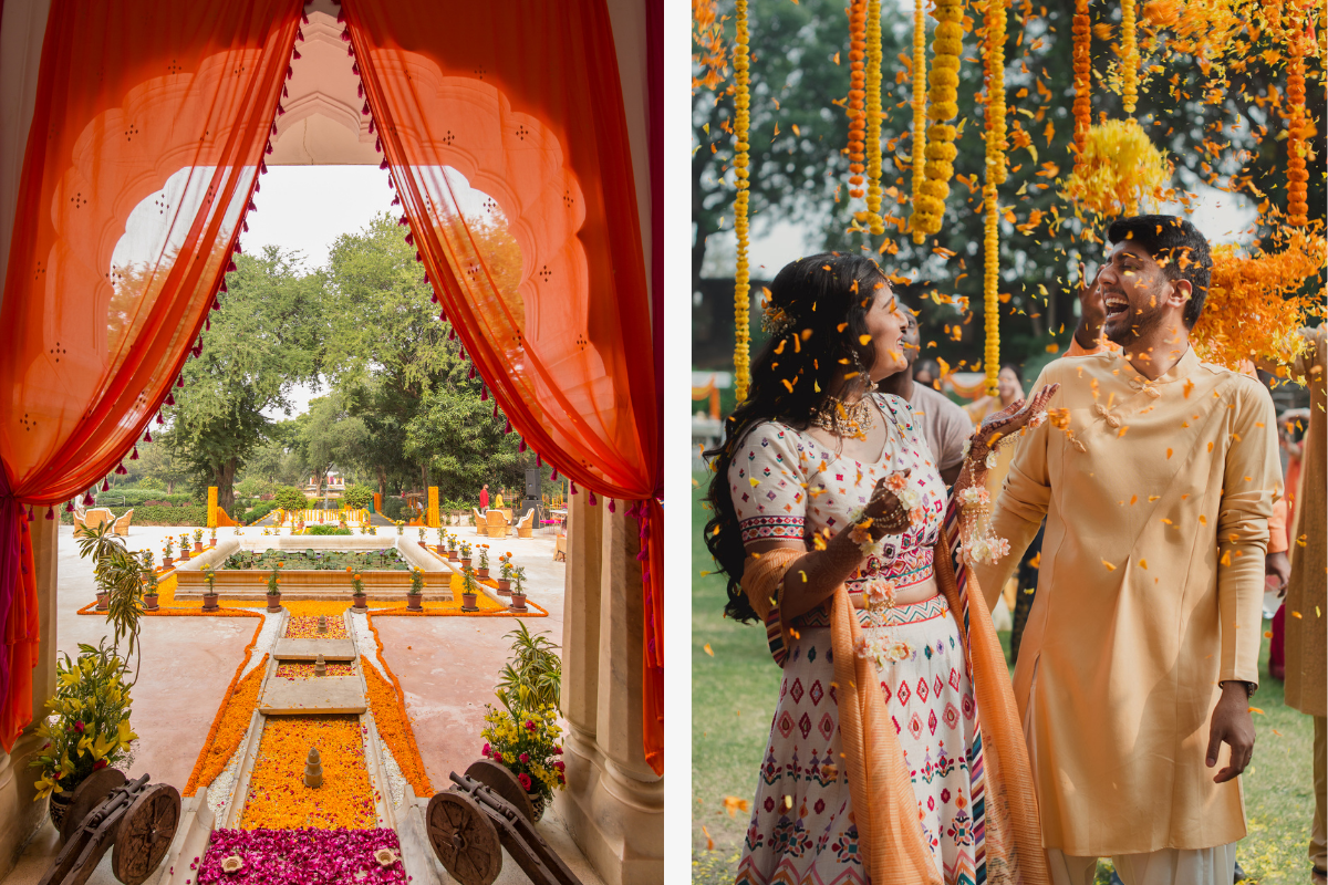 Flowers and an Indian couple smiling