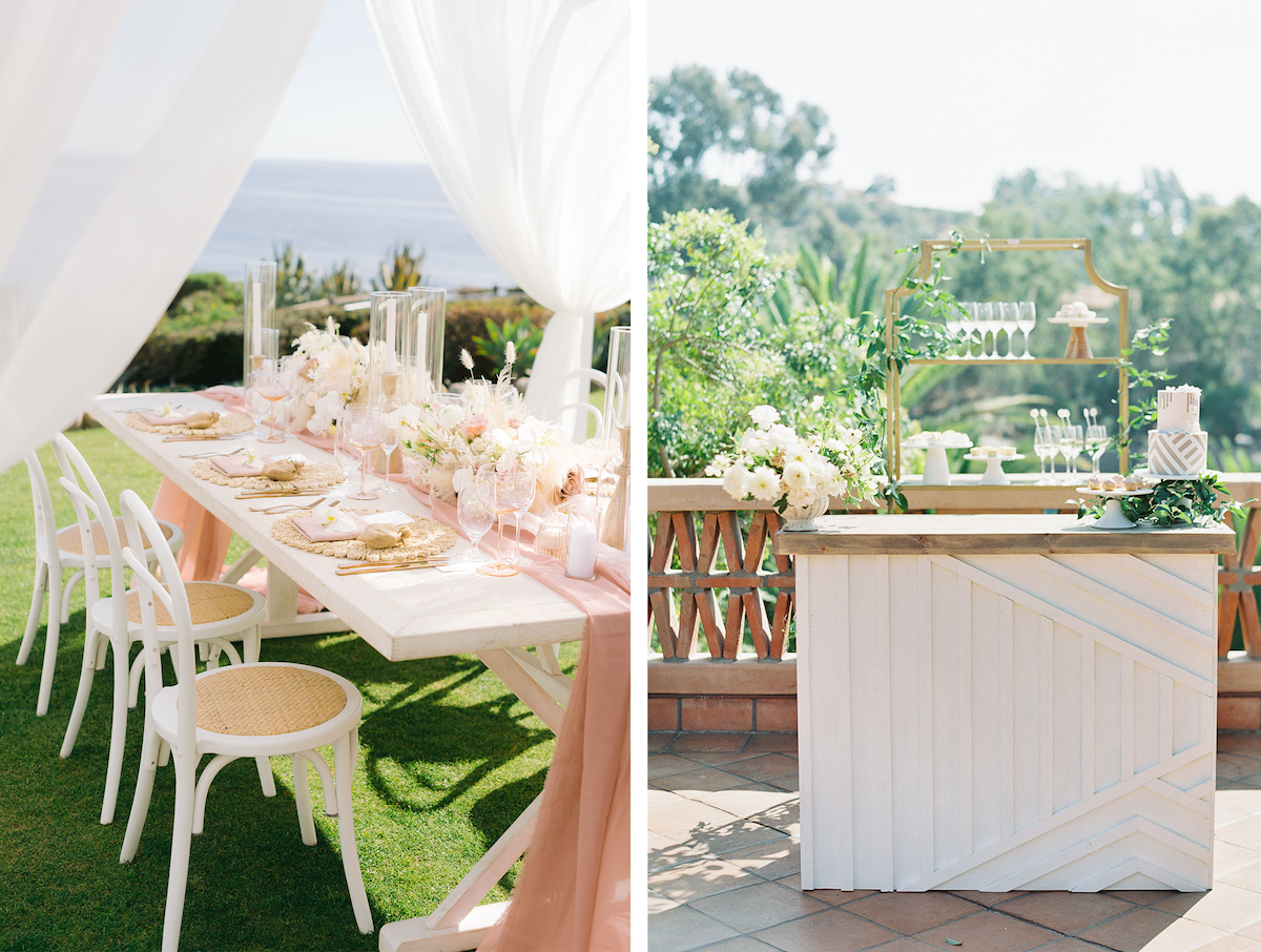 chairs set for an event outside with white canopied drapes (left), white bar cart with hanging drink glasses (right)