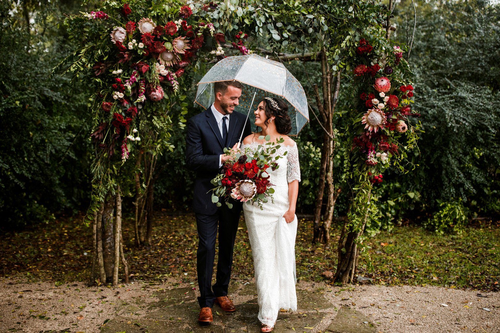 Couple under umbrella at wedding