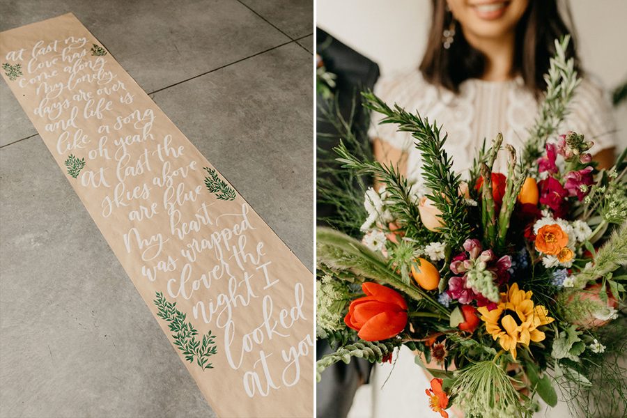 paper runner with 'At Last' lyrics written on them (left), bride smiling holding bouquet (right)