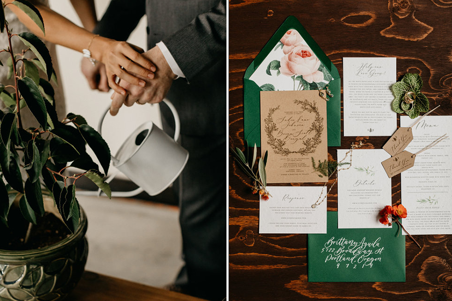 photo of couple holding watering can and watering plant (left), eco friendly invitation suite (right)