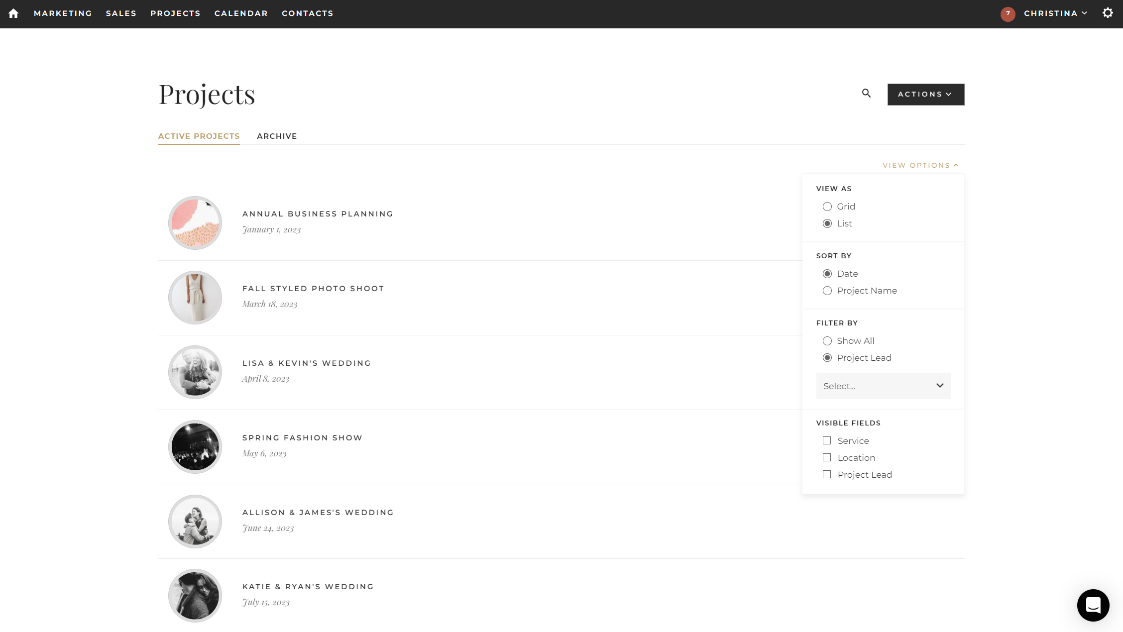 Project Index List View options