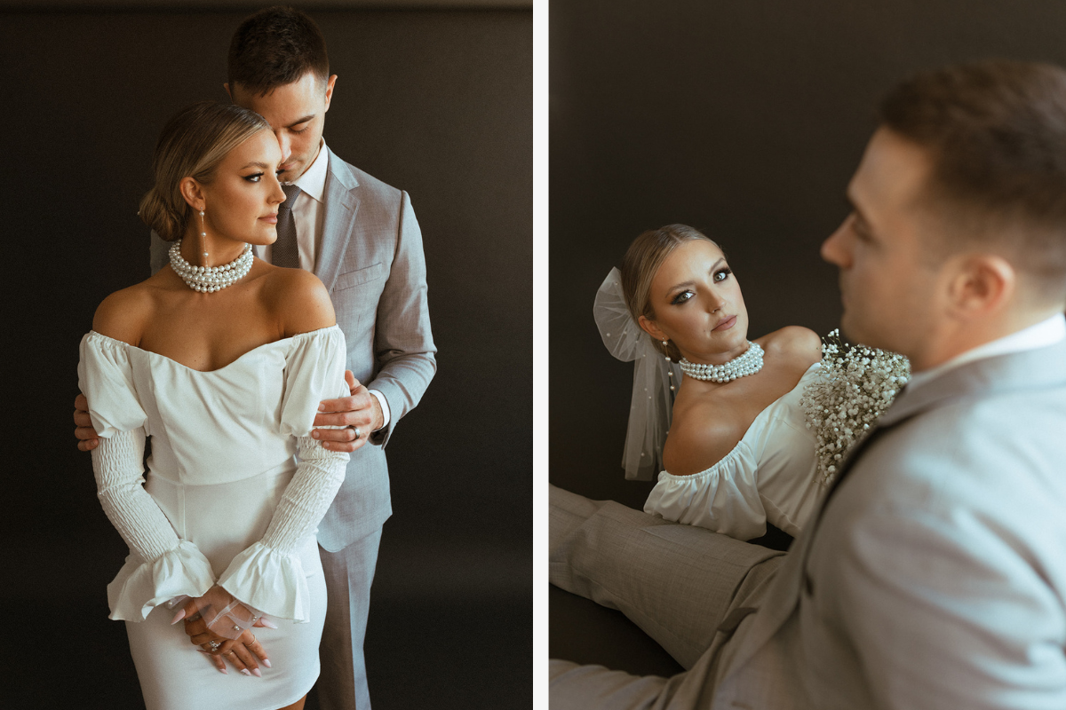 Couple looking at each other with modern wedding attire