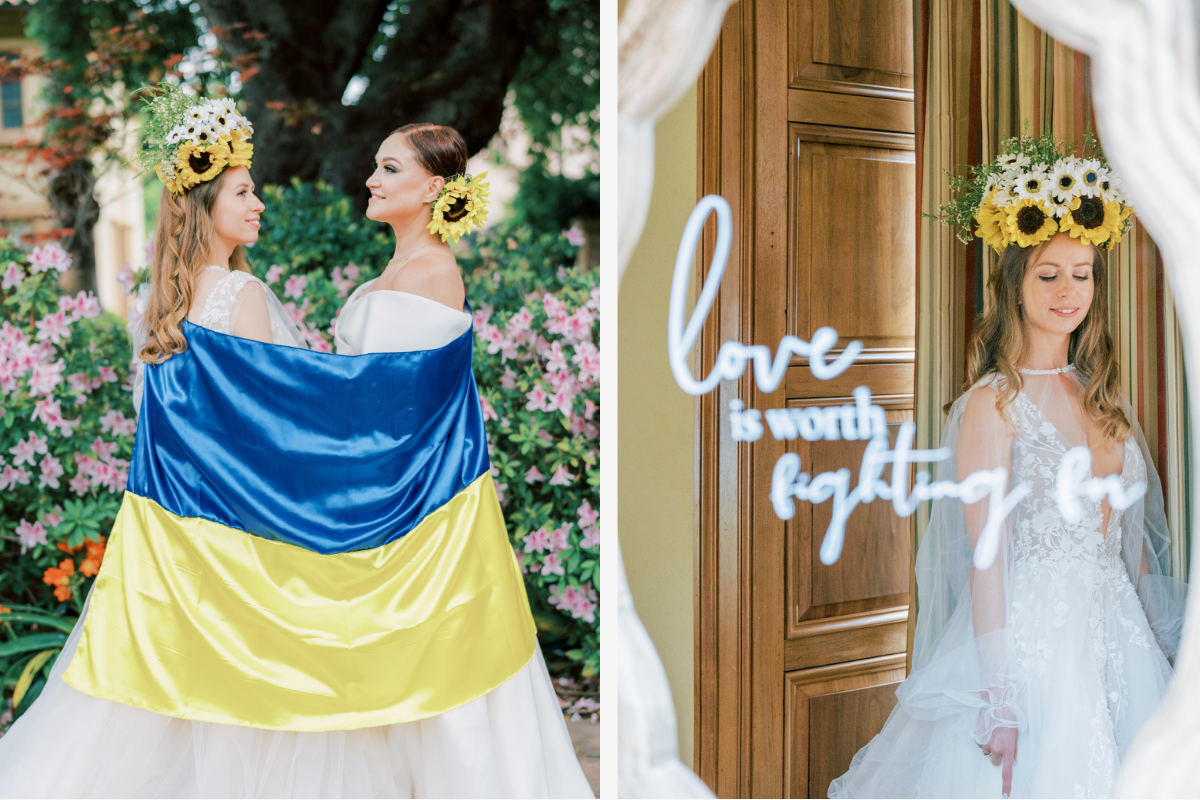 Love is worth fighting for. Brides with Ukrainian flag
