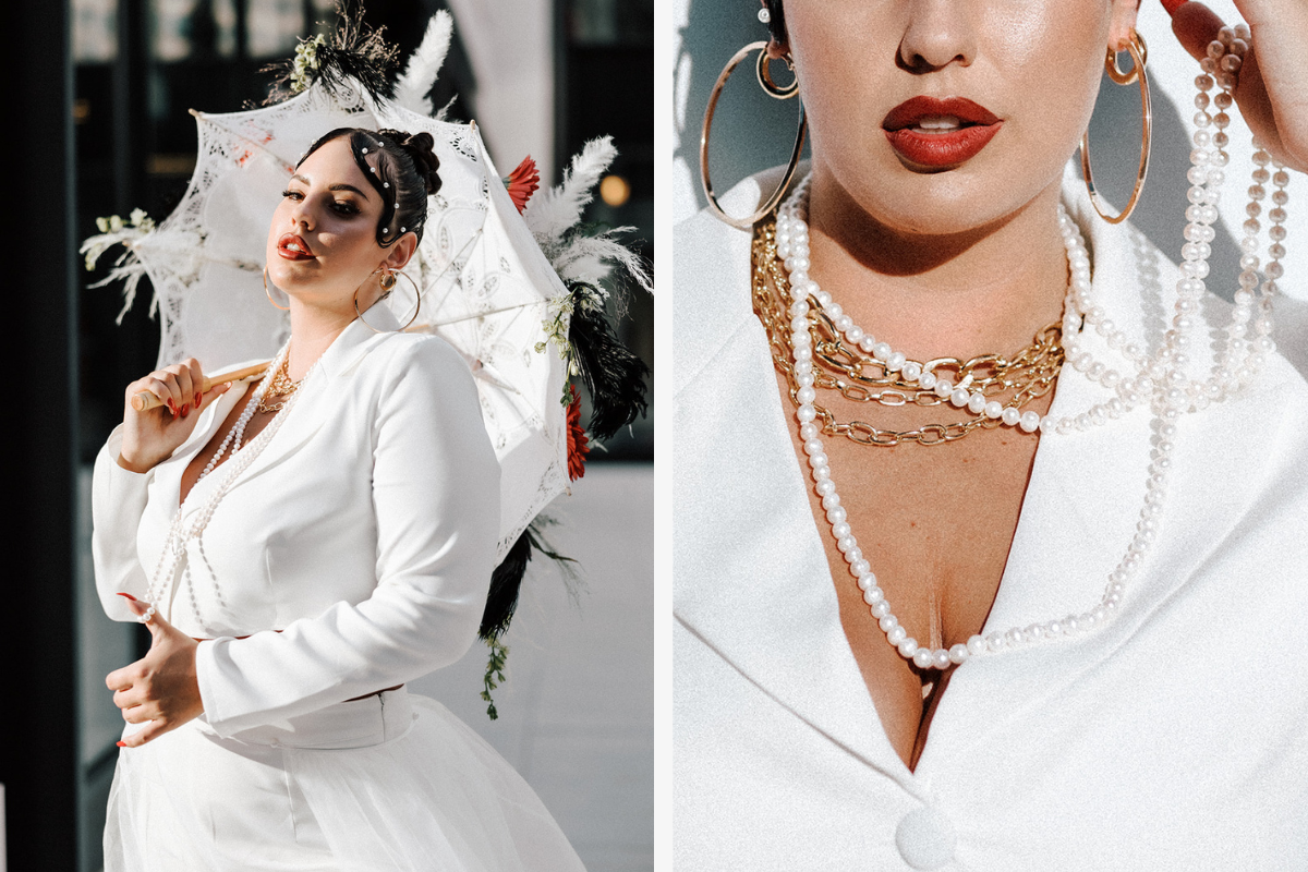 Chic bride with white suit and pearls