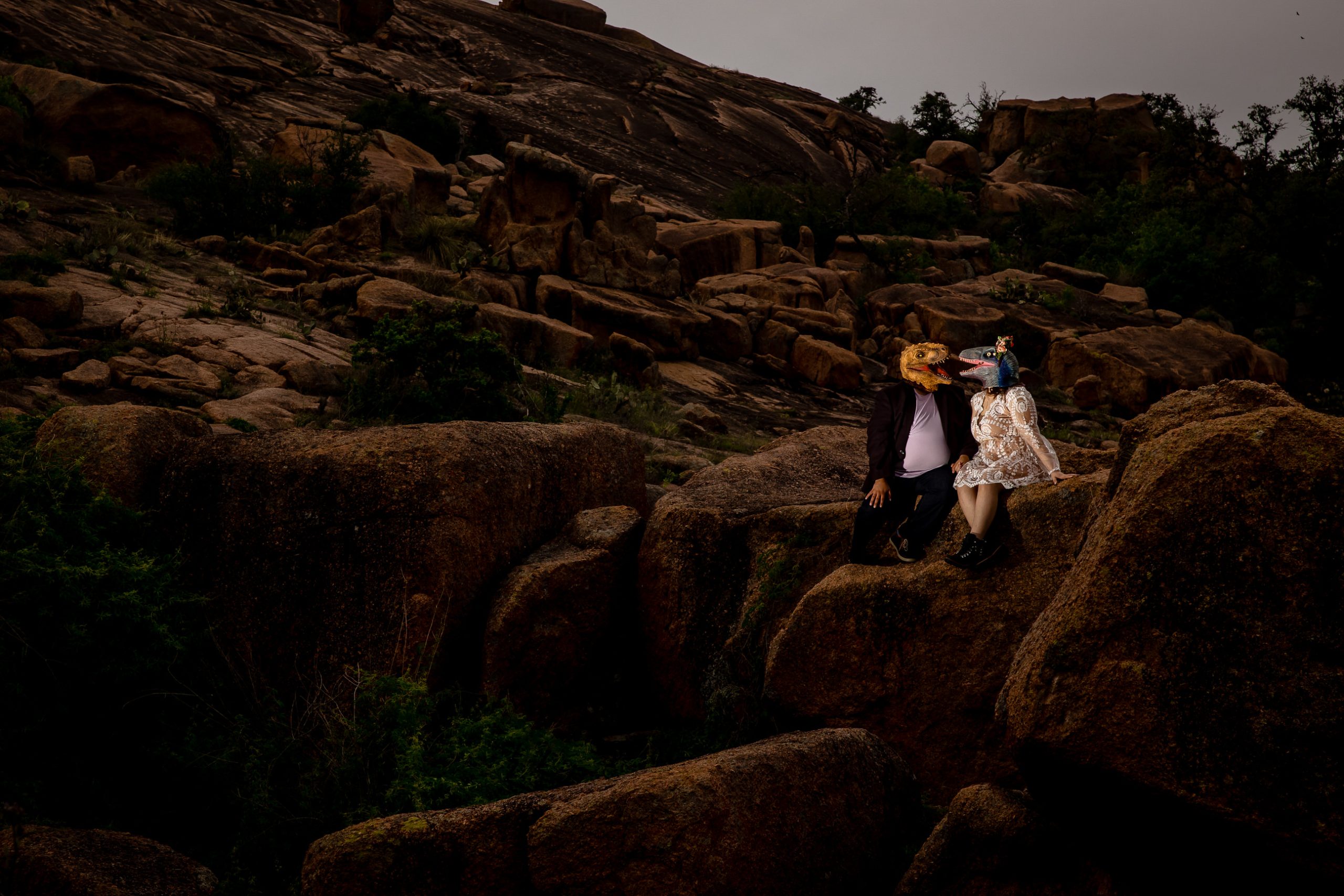 Couple wearing dinosaur masks in mountains 