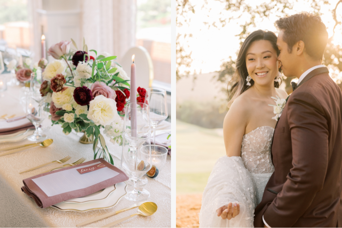 Tablescape in pink and burgundy on left and couple during golden hour on right 