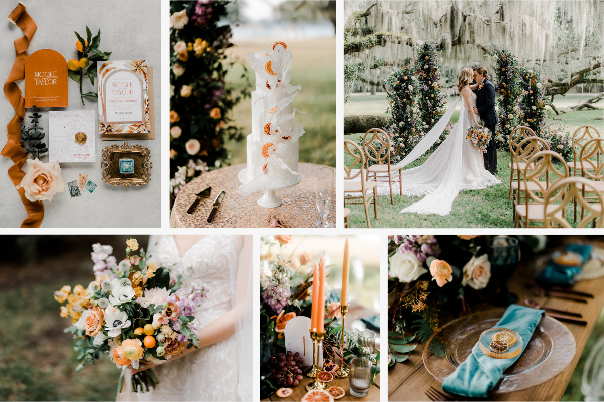 Collage of a bright summer into fall wedding with an orange motif