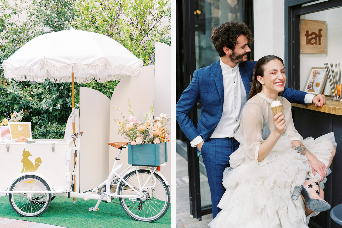 Ice cream cart and a couple eating ice cream