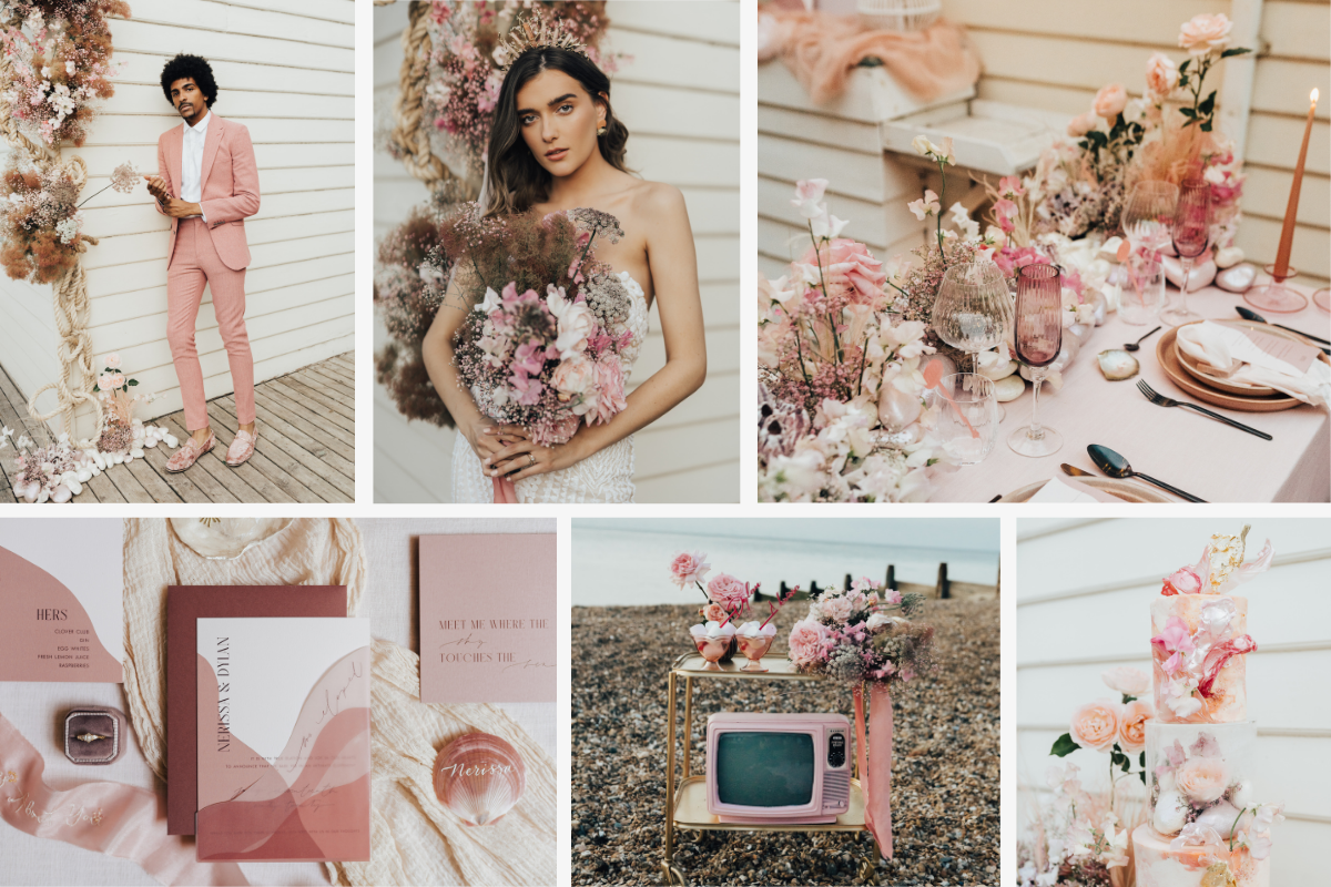 Pink tones, tablescape, bride and groom