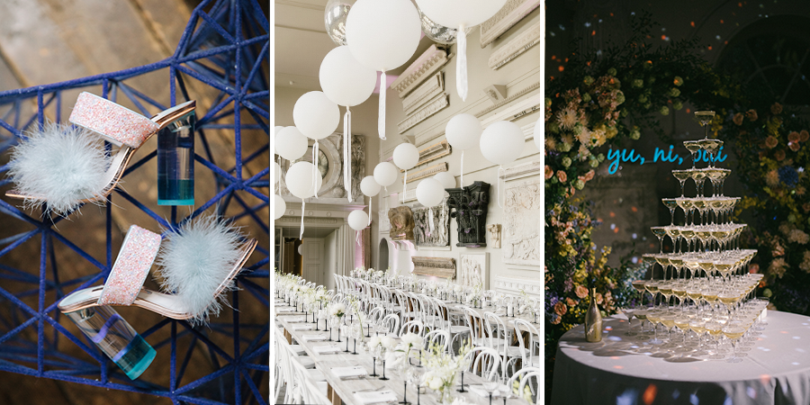 three part photo with shoes (left), white and cream colored tablescape (center), and a champagne tower with neon sign in background (left)