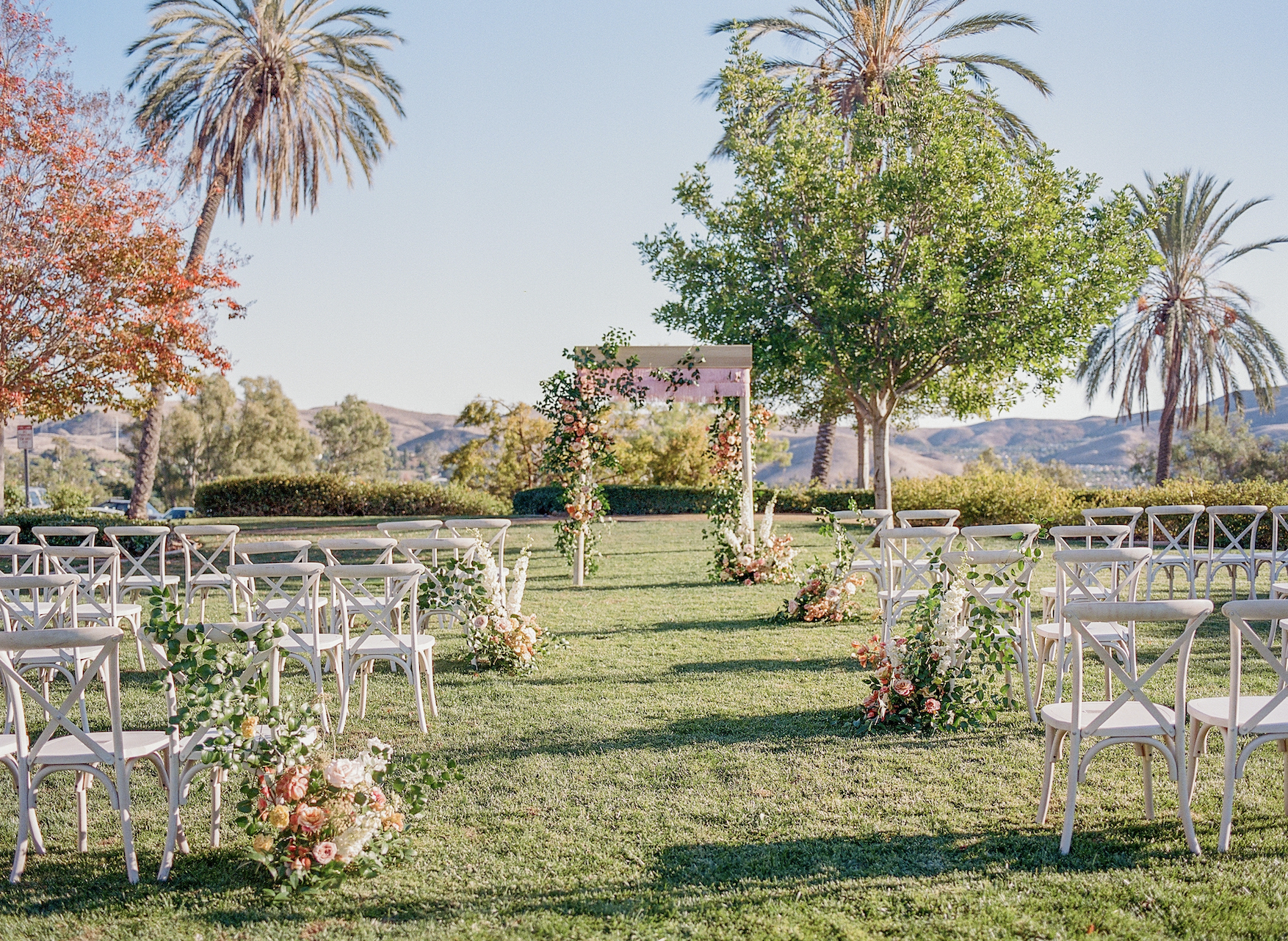 Ceremony, pink aisle overlooking green hills