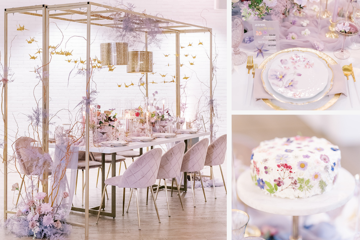 Purple tablescape with florals and birds