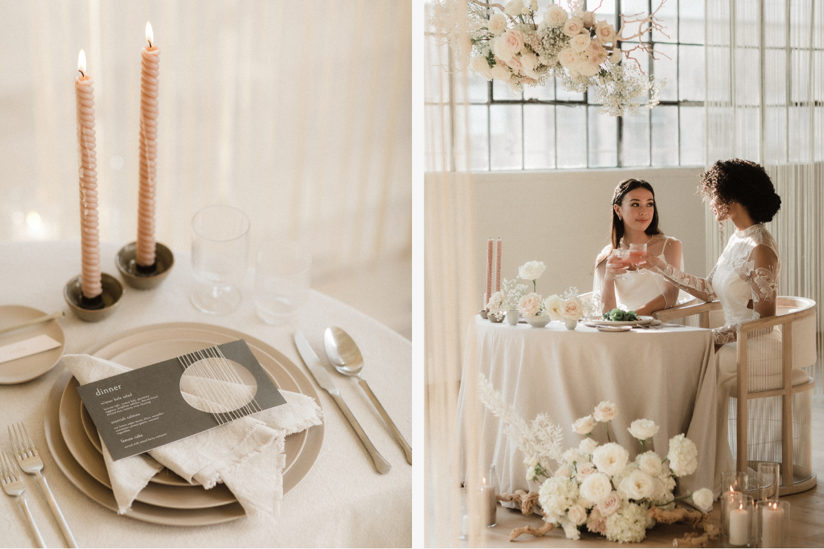 Tablesetting and brides toasting at sweetheart table