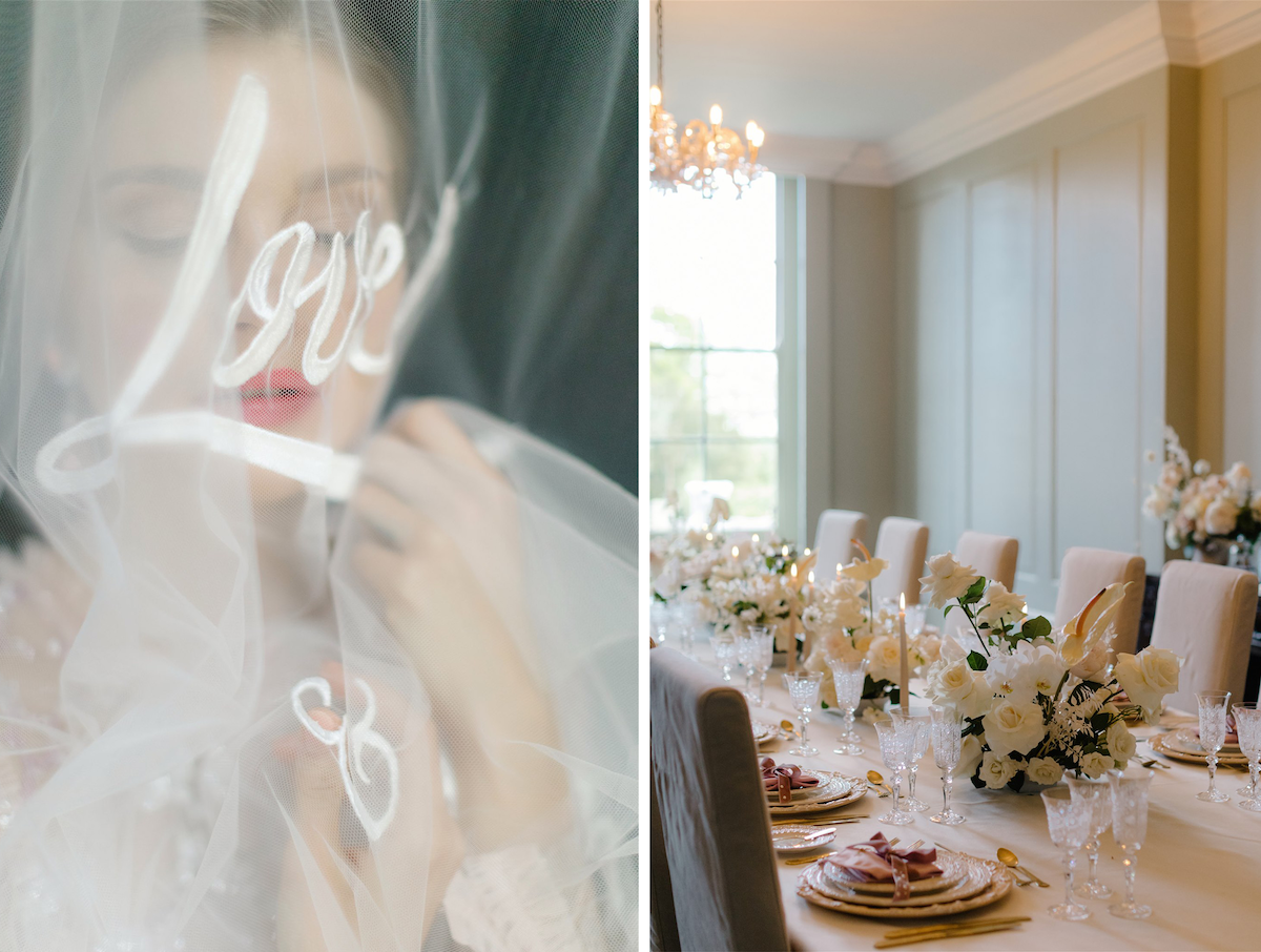 photo of a bride peeking out from behind a veil that reads 'Love' on the front paired with another photo of the matching tablescape for the day