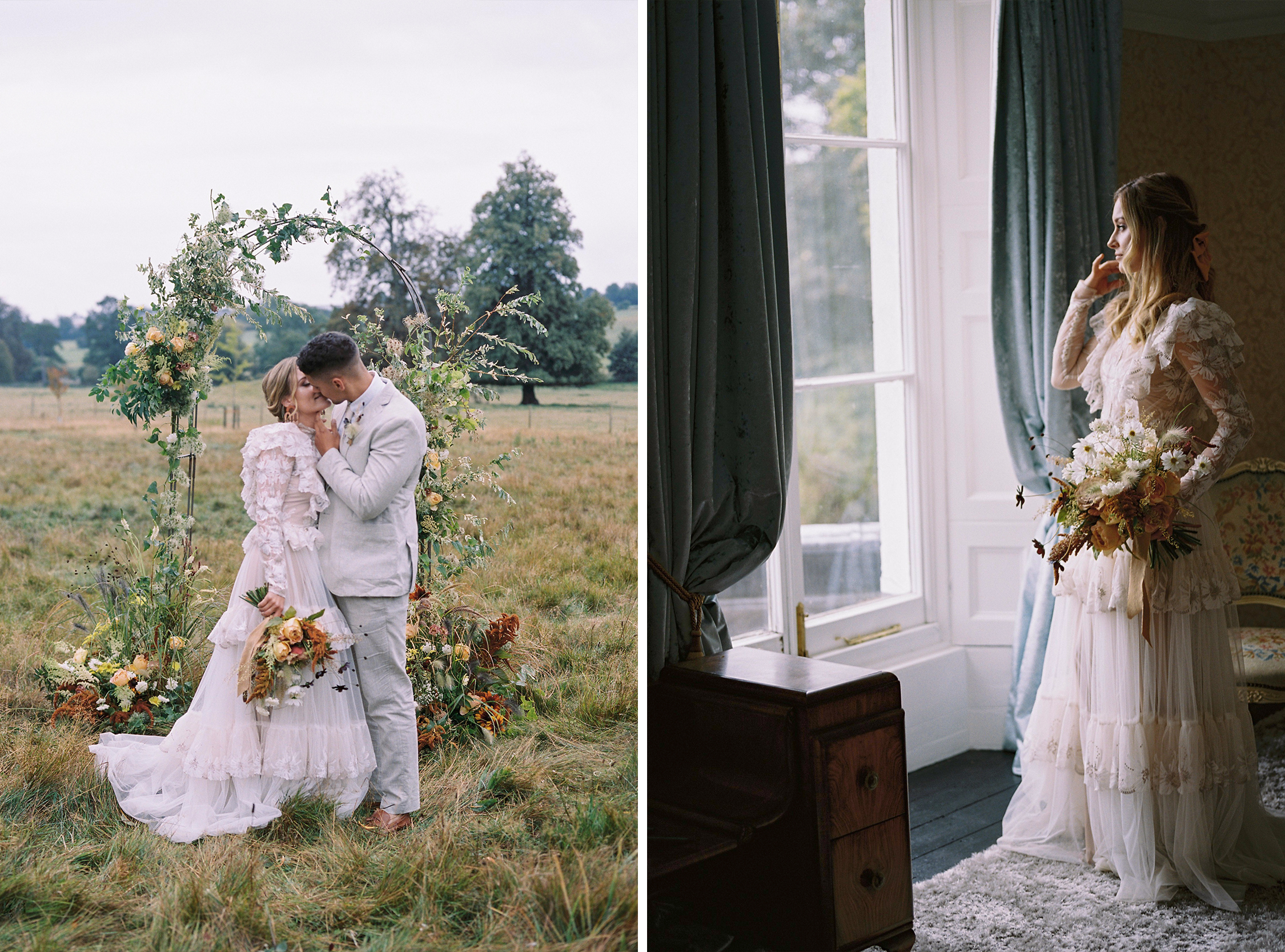 Couple in country side and bride looking out the window
