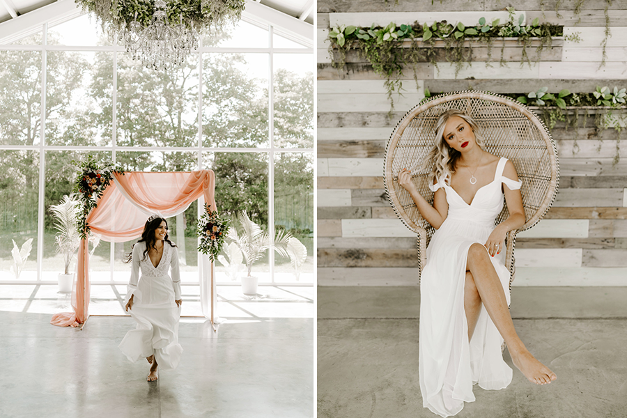 two boho brides wearing white at styled shoot