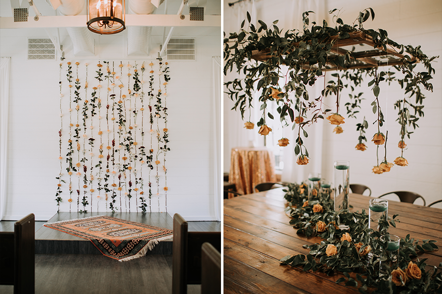 hanging rose florals for ceremony (left) hanging florals and cascading garland for reception table (right)