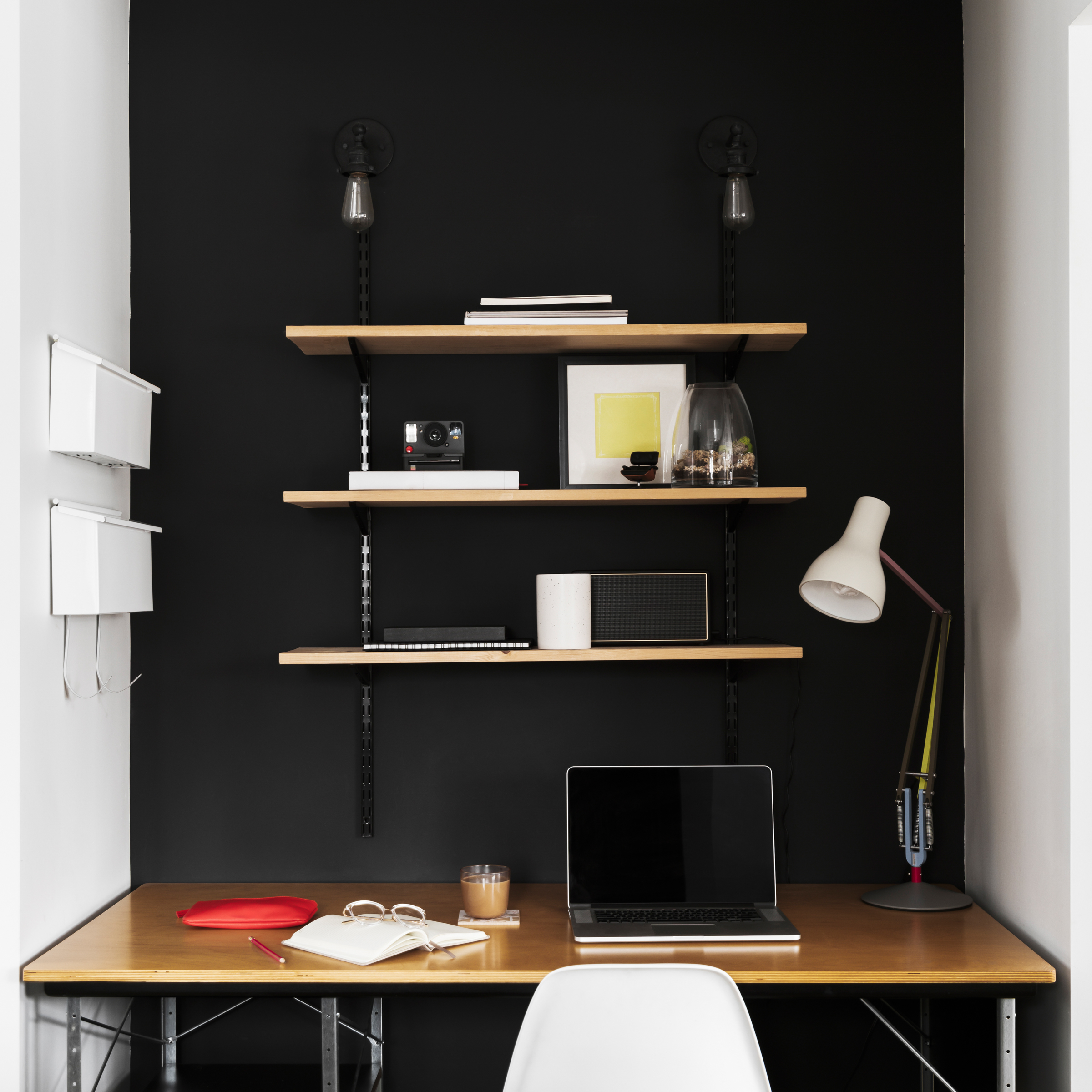 home office with wall shelving